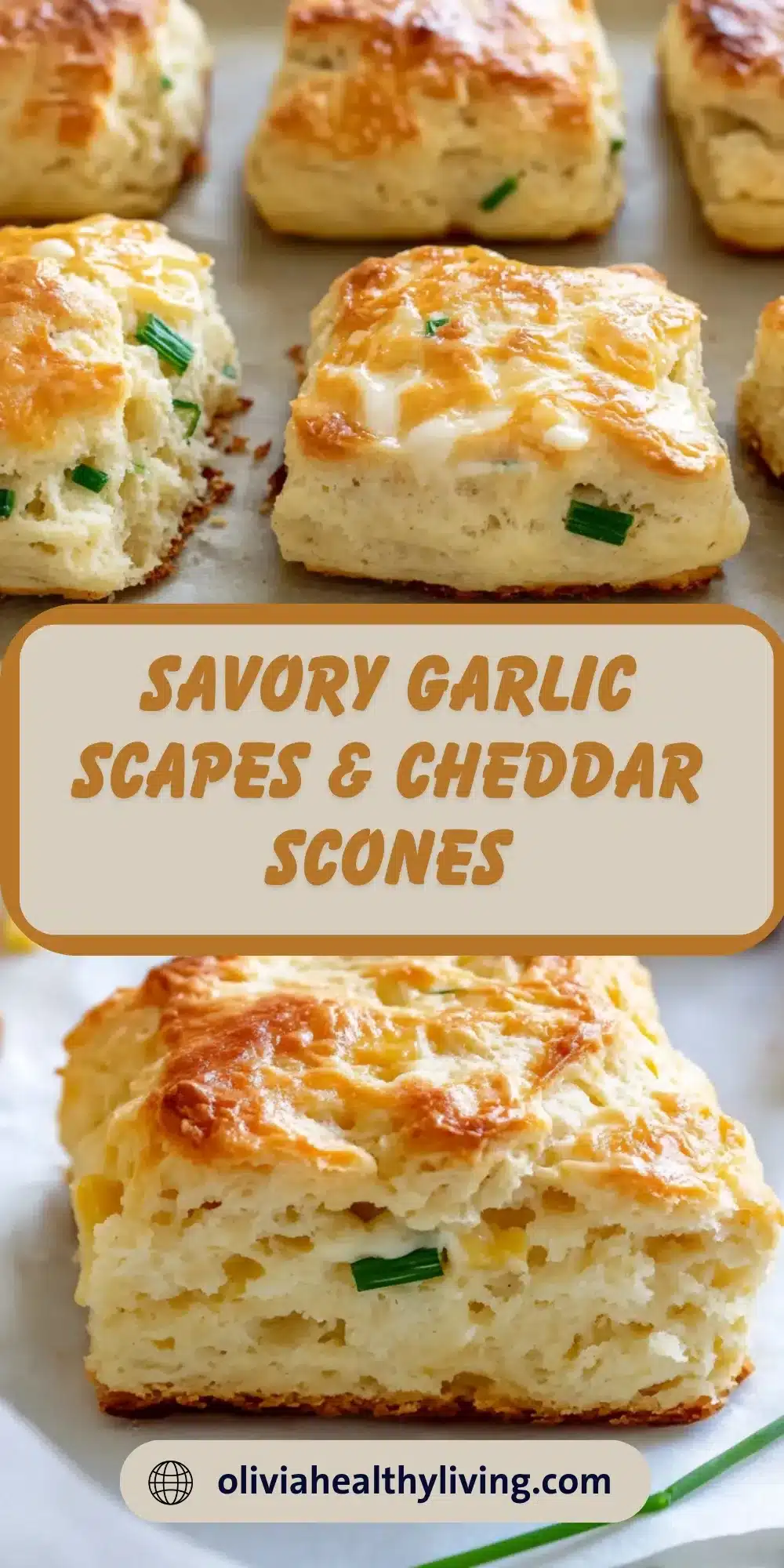 Array of golden-baked garlic scapes scones arranged on parchment paper, showcasing their fluffy texture and visible green garlic scape pieces with melted cheese on top