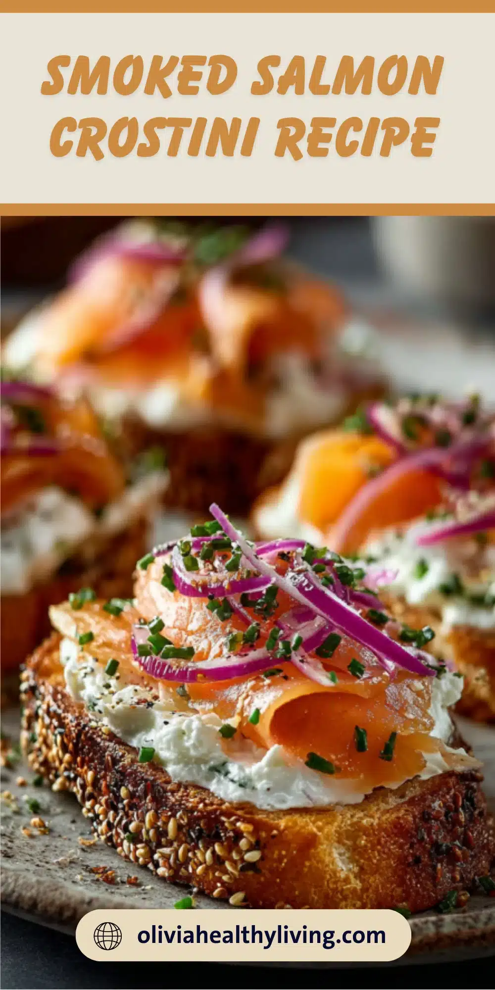 Single smoked salmon crostini in sharp focus showing layers of cream cheese, salmon, purple onion, and fresh herbs on seeded bread