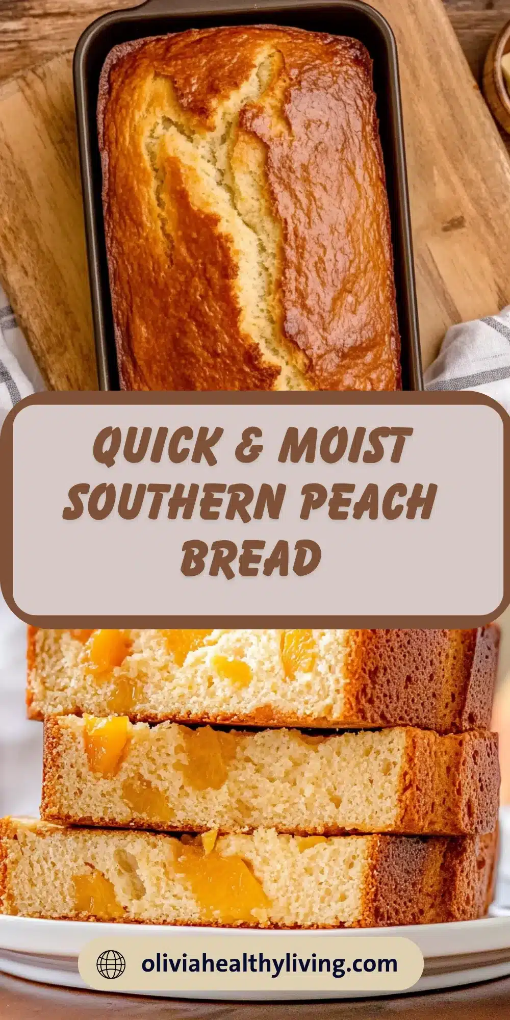 Quick and moist Southern peach bread in loaf pan with slices cut showing tender crumb and peach chunks throughout