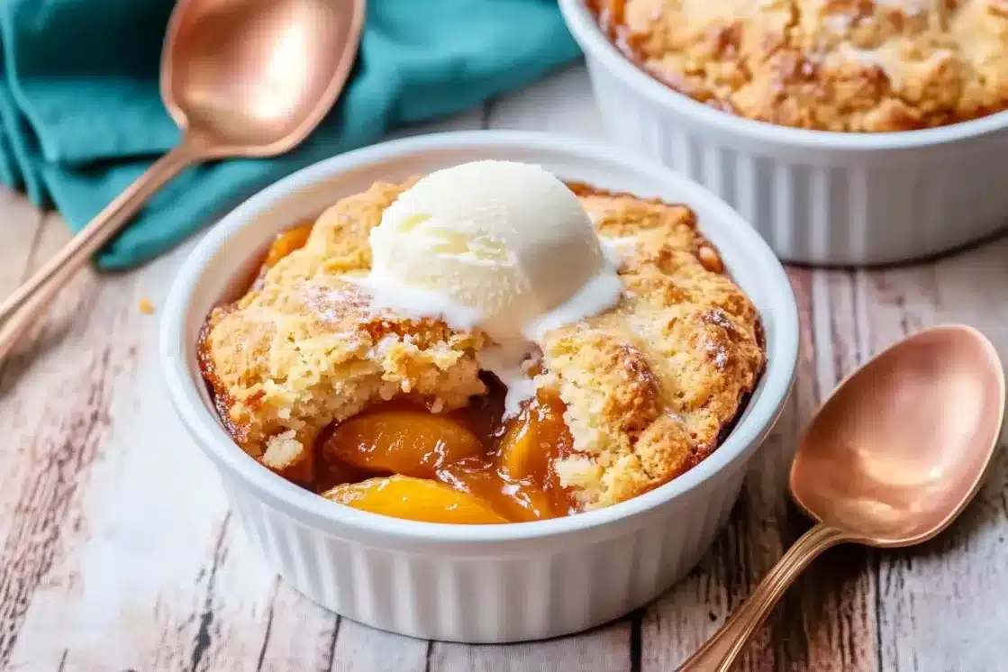 Southern peach cobbler in white ramekin with vanilla ice cream scoop, copper spoon, and turquoise kitchen towel
