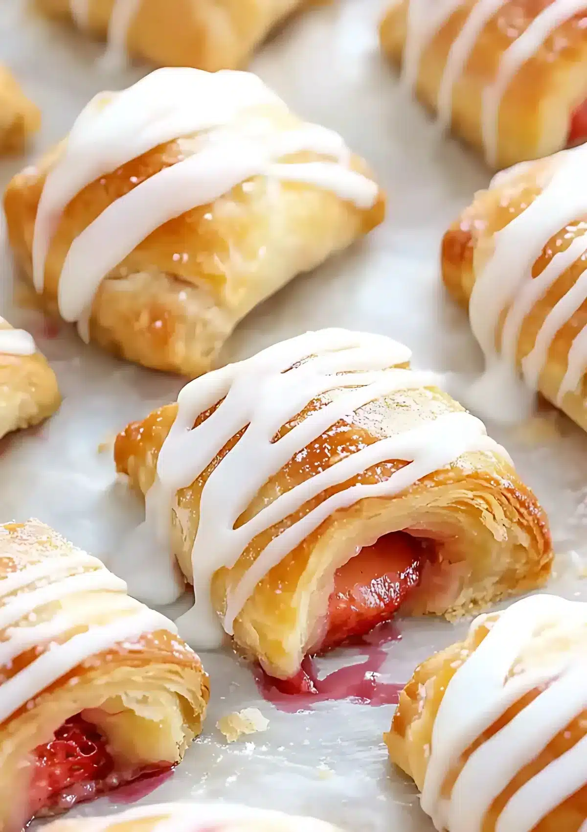 Close-up of strawberry peach pie bite cut open showing fruit filling inside flaky pastry with white icing drizzle