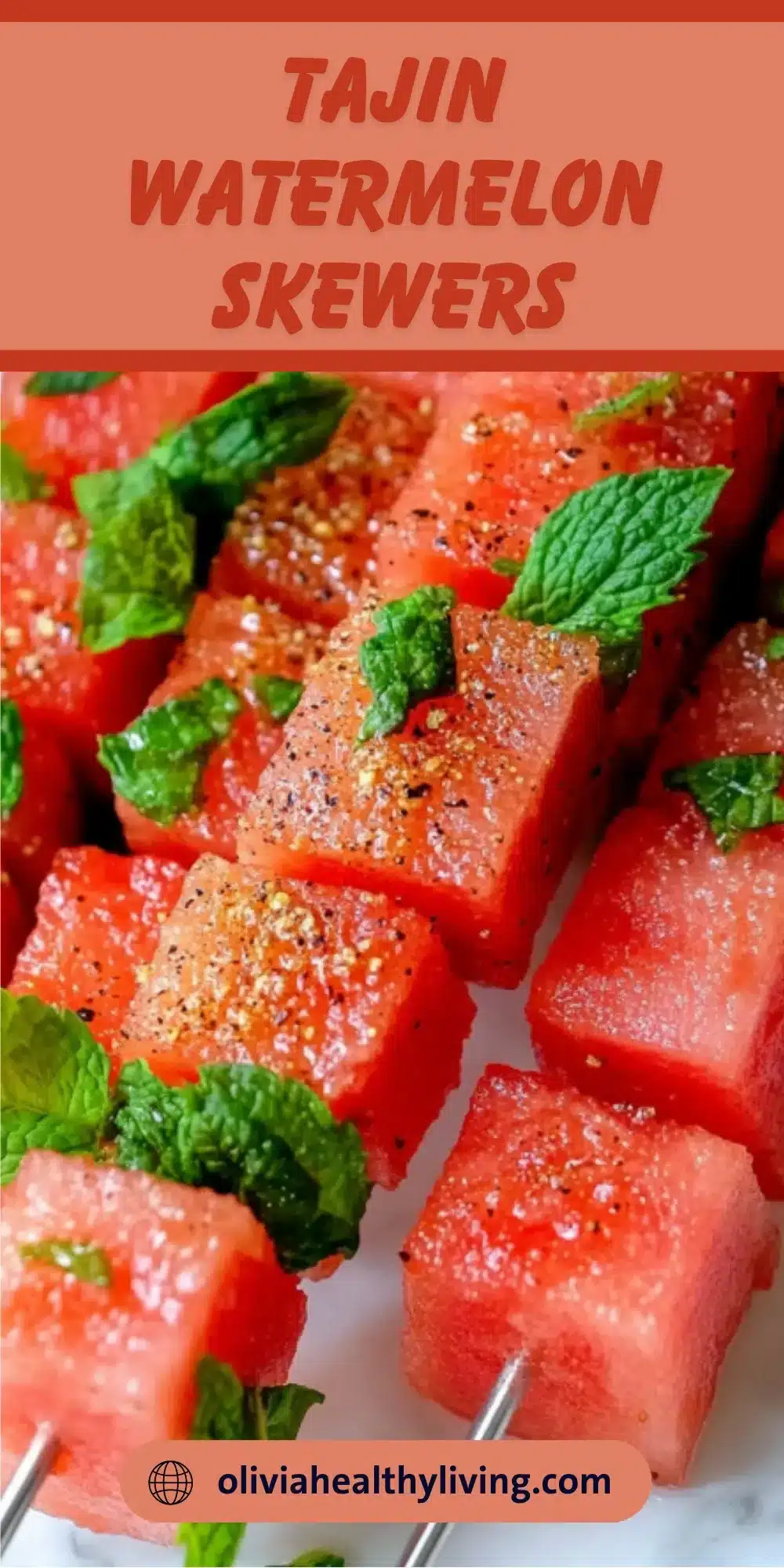Tajin watermelon skewers with fresh mint and lime juice sprinkled with Mexican chili seasoning