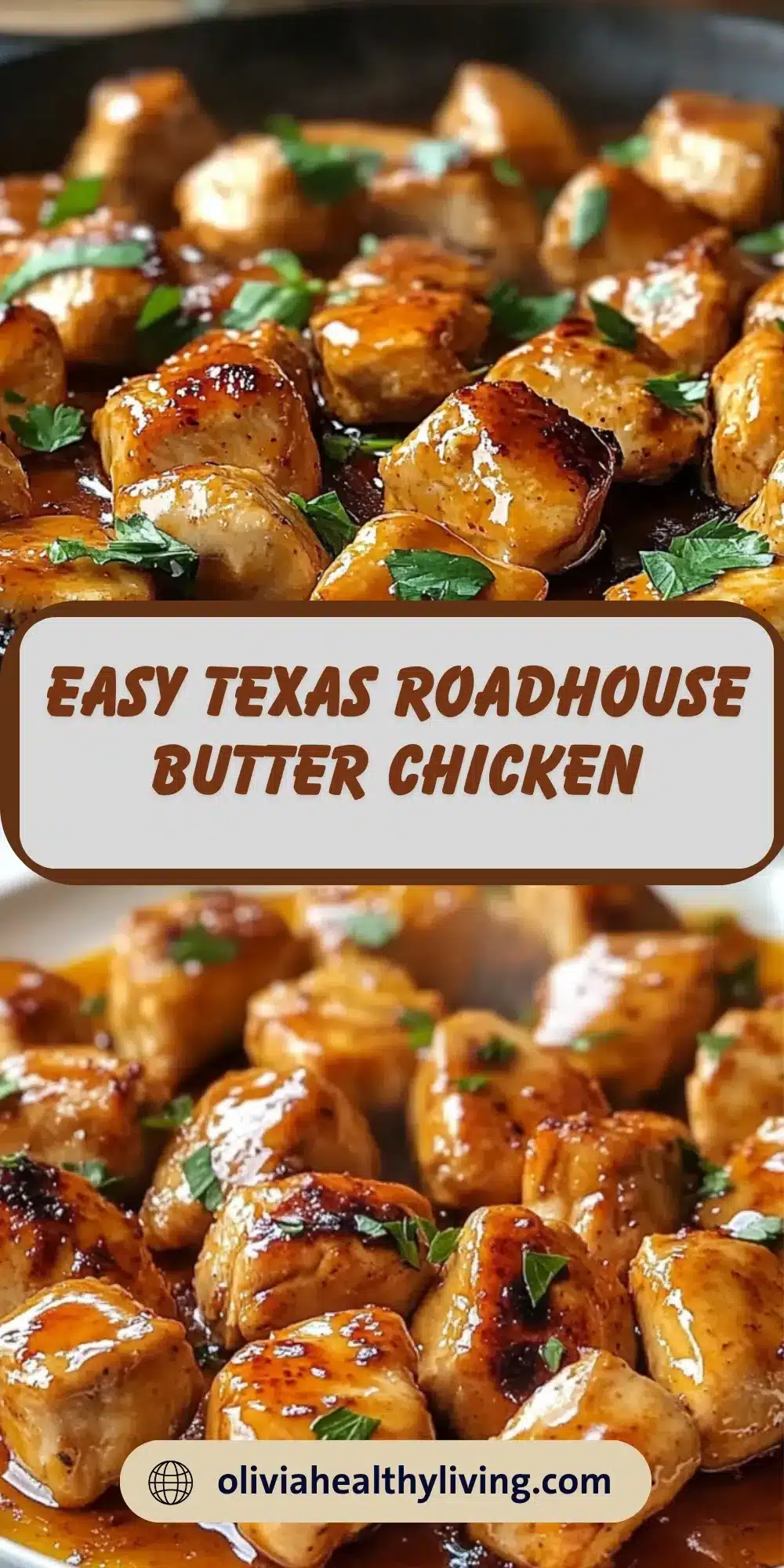 Close-up of caramelized chicken pieces in glossy honey butter sauce with herbs