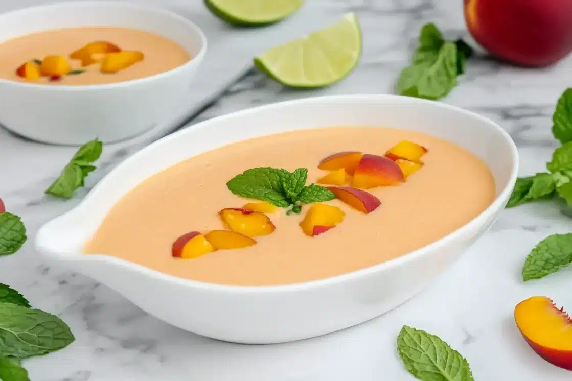 Oval bowl of chilled peach soup with peach slices and mint on marble surface with lime wedges
