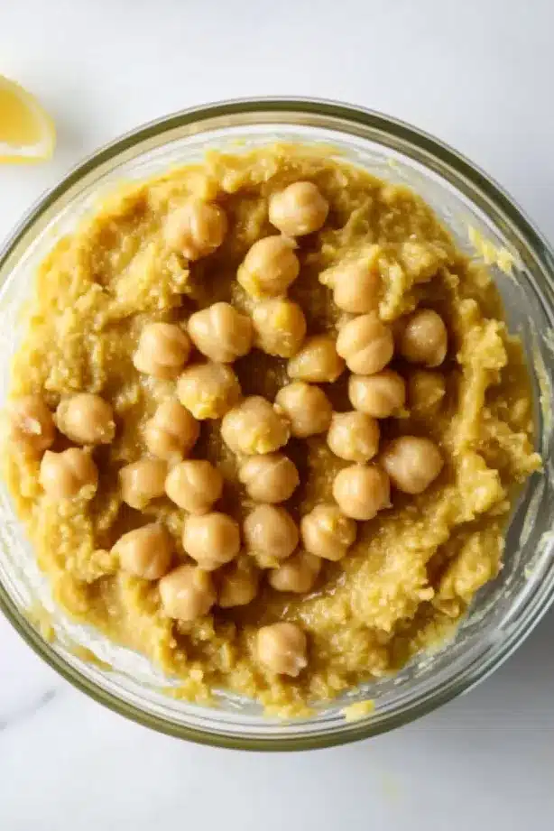 Finished Balila mixture topped with whole chickpeas and garnished with parsley in a rustic bowl.