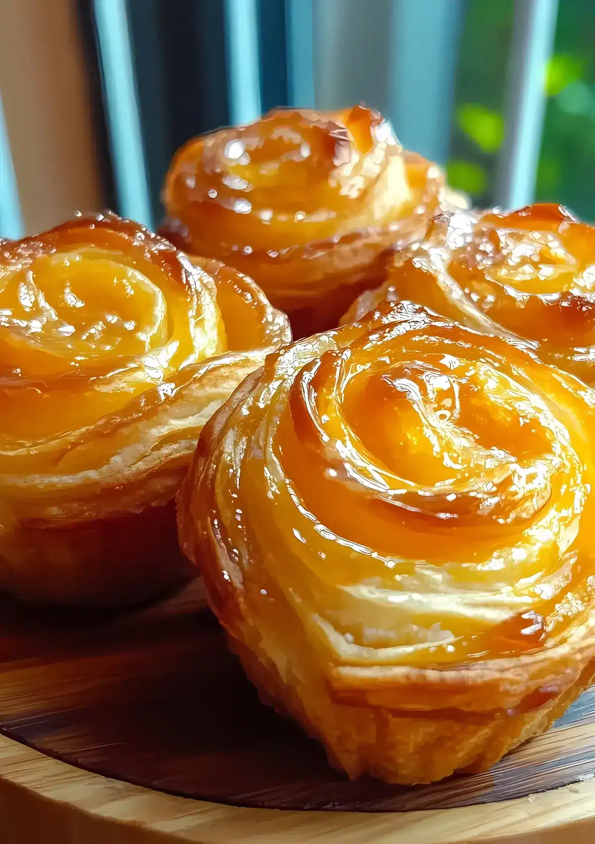 Vertical shot of flaky peach cruffins, glistening with peach preserves, beautifully layered and displayed by a window.


