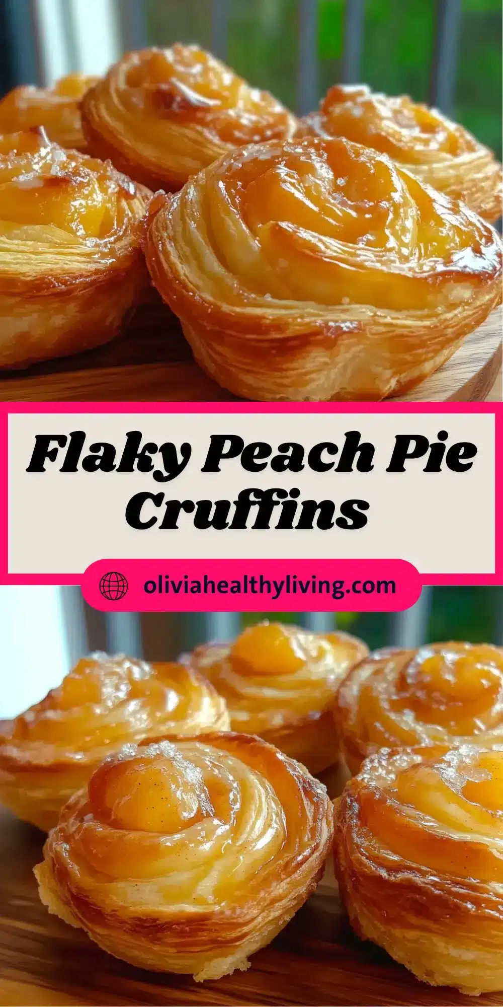 Vertical Pinterest pin showcasing flaky peach cruffins on wood board, with the text “Flaky Peach Pie Cruffins” and the website “oliviahealthyliving.com”.

