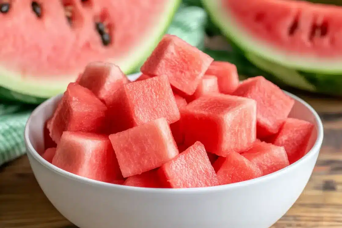 White bowl filled with cubed fresh watermelon pieces with whole watermelon in background