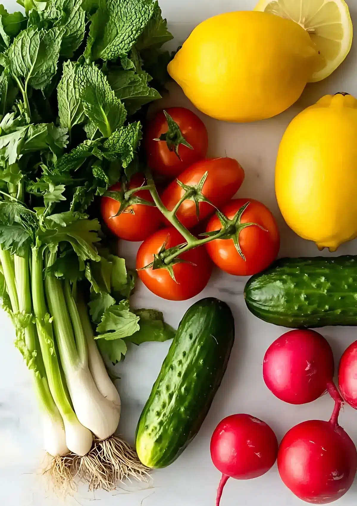 Flat lay of parsley, mint, lemon, tomatoes on vine, cucumbers, radishes, and green onions on a marble surface