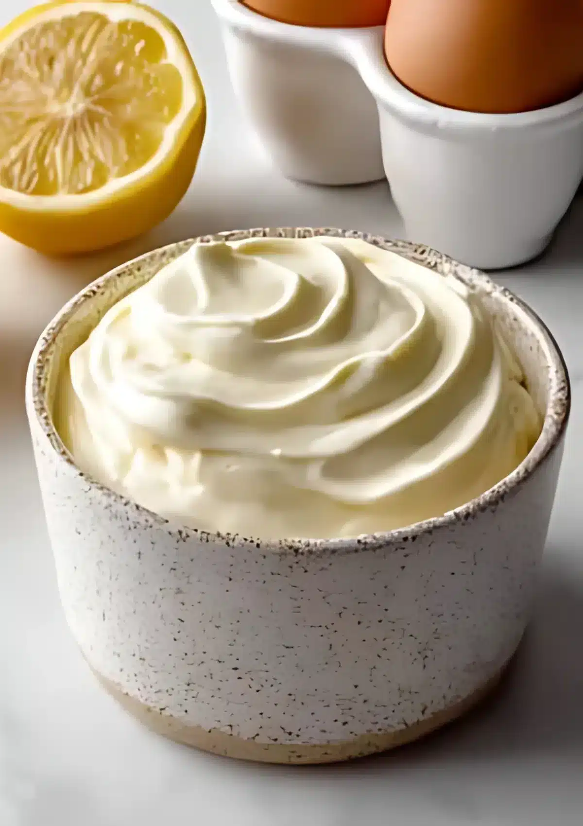 Whipped homemade mayonnaise in a speckled ceramic bowl with halved lemon and eggs in the background.

