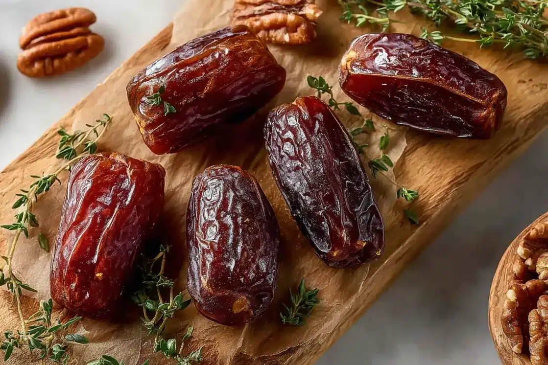 Fresh Medjool dates with pecans and thyme sprigs arranged on wooden cutting board