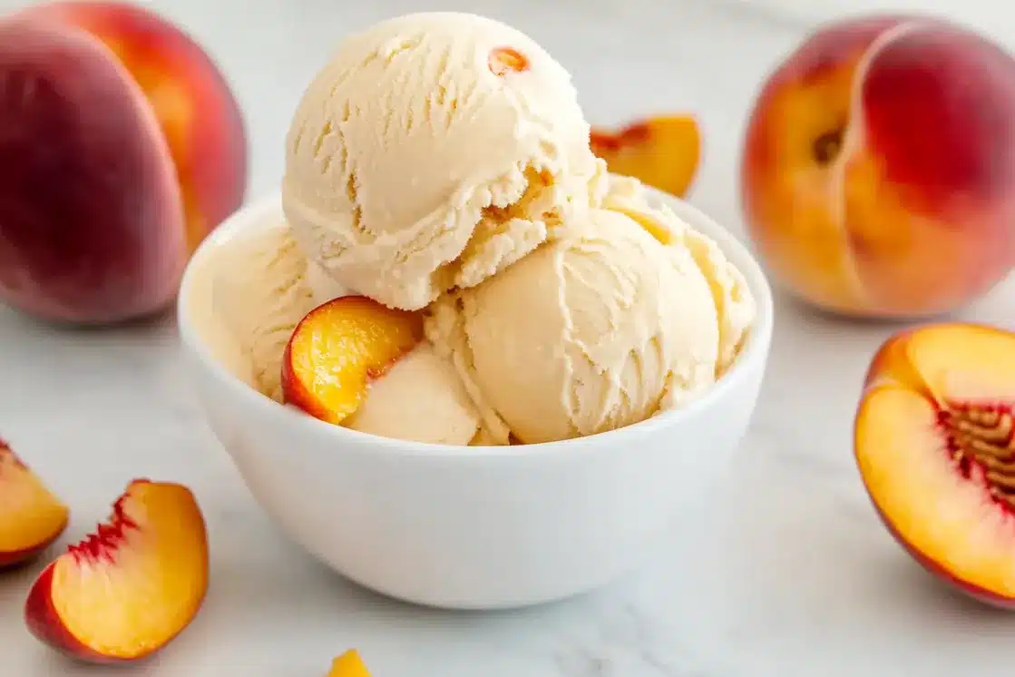Two scoops of homemade peach ice cream in white bowl surrounded by fresh peaches and peach slices