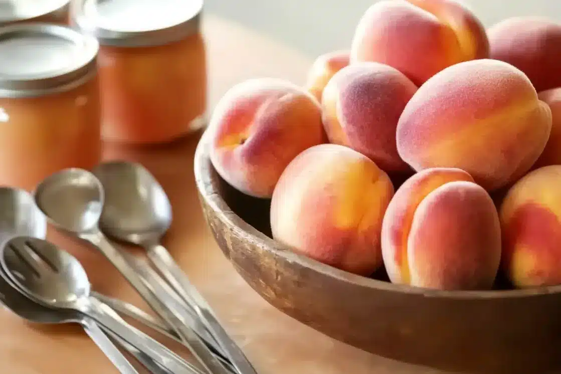 Fresh ripe peaches in wooden bowl next to mason jars of peach butter and silver spoons on kitchen counter