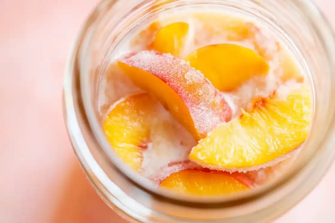 Fresh peach slices in glass jar for peach sorbet preparation