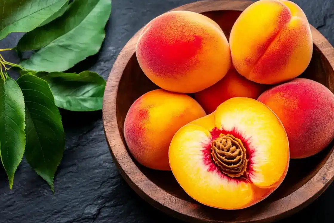 Fresh ripe peaches in wooden bowl, one cut in half showing pit, with green leaves on dark slate background