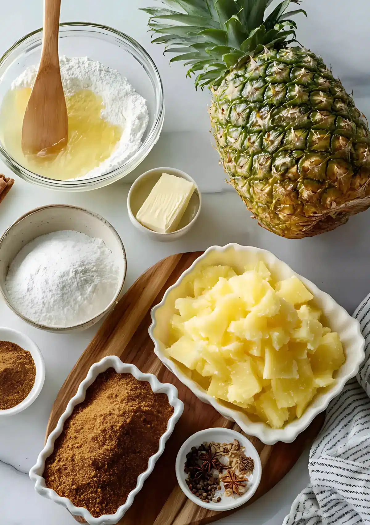 Overhead view of pineapple dump cake ingredients including chopped fresh pineapple, brown sugar, flour, butter, spices, and a whole pineapple on a marble surface with a wooden board and striped towel.