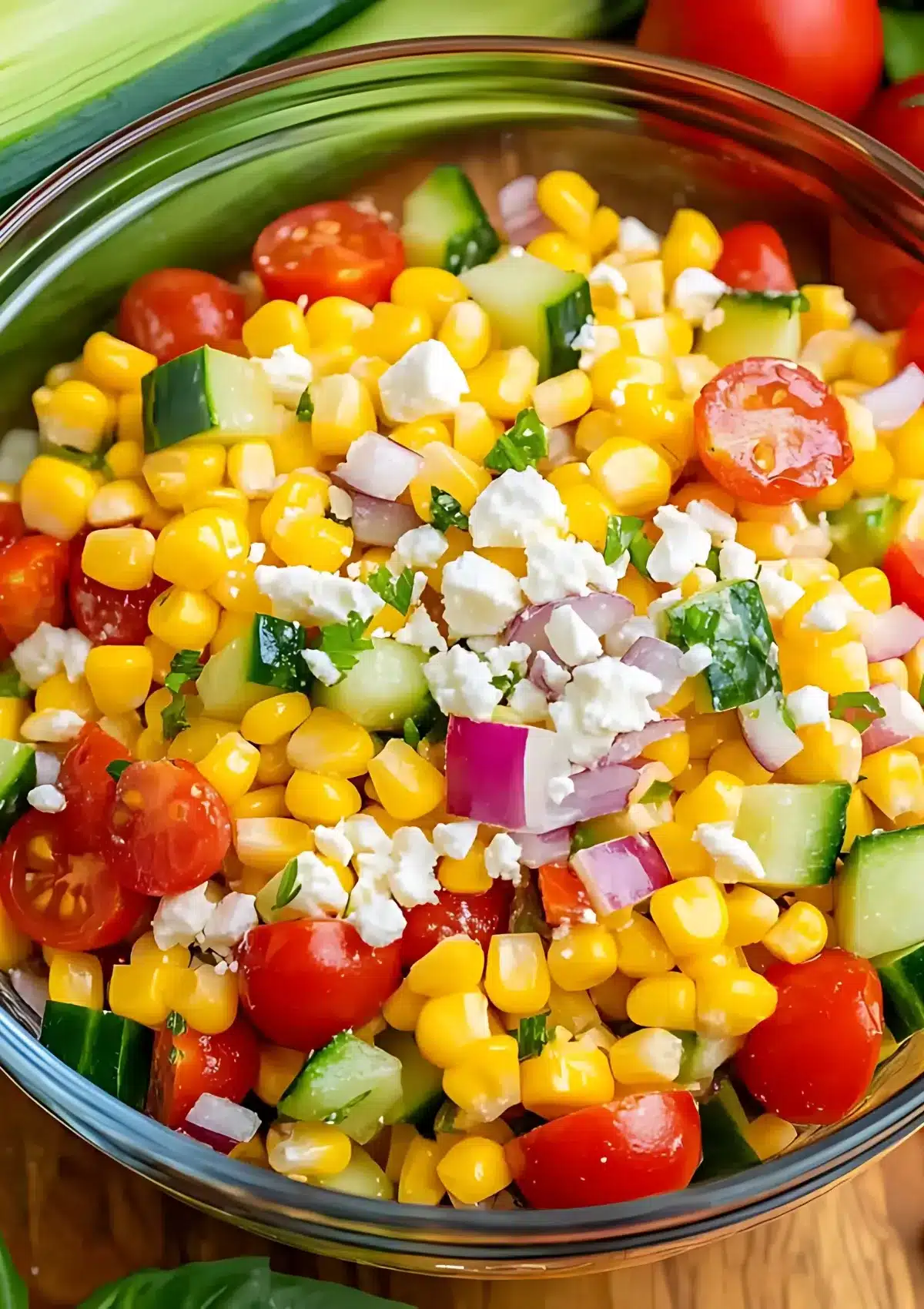 Fresh summer corn salad in glass bowl with corn, cherry tomatoes, cucumber, feta cheese and red onion, perfect side dish