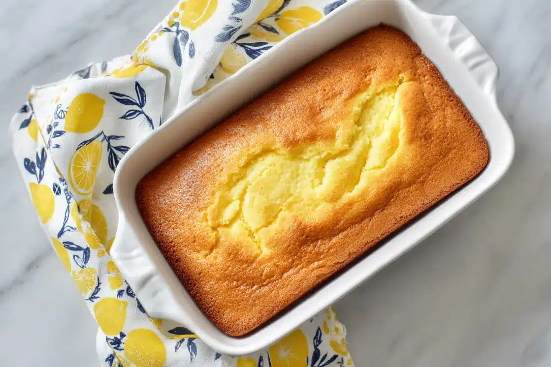 Golden brown lemon angel food cake baked in white rectangular baking dish with lemon-patterned kitchen towel