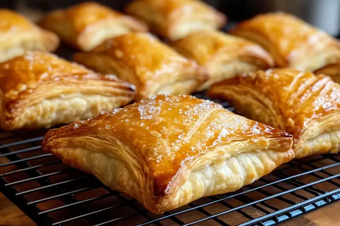 Freshly baked peach turnovers cooling on wire rack, showing golden egg wash finish and coarse sugar crystals on top