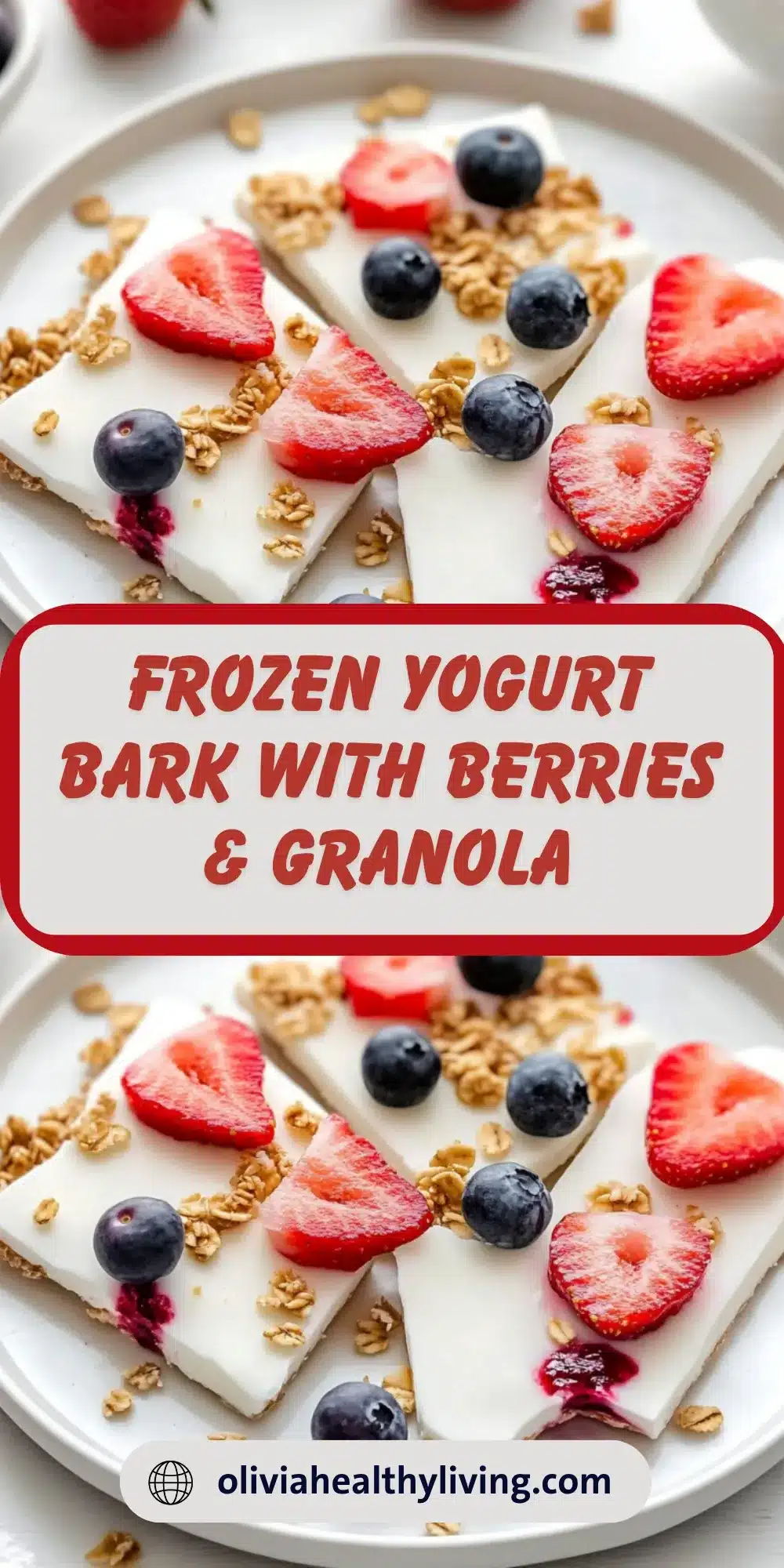 Frozen yogurt bark with berries and granola cut into triangular pieces on white plate