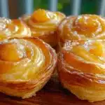 Close-up of golden brown peach pie cruffins with a glossy cinnamon-peach glaze, arranged on a wooden board with soft natural light.