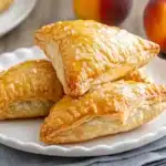 Three perfectly baked peach turnovers (peach turnovers) on decorative white plate with fresh peaches nearby on wooden surface