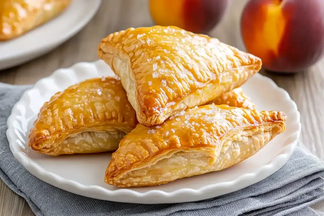 Three perfectly baked peach turnovers (peach turnovers) on decorative white plate with fresh peaches nearby on wooden surface