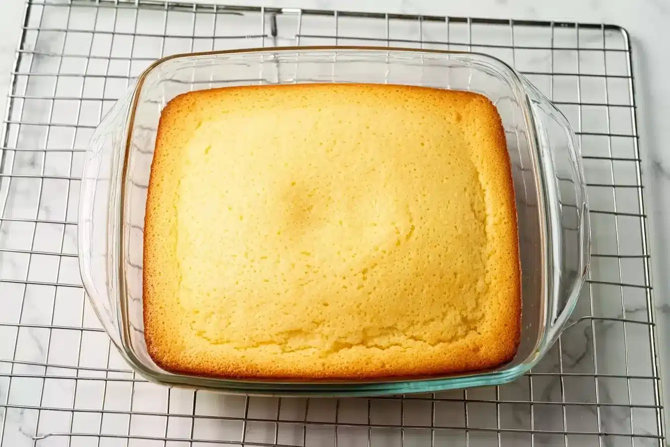 A perfectly baked golden vanilla cake in a square glass dish, resting on a metal cooling rack over a marble surface.