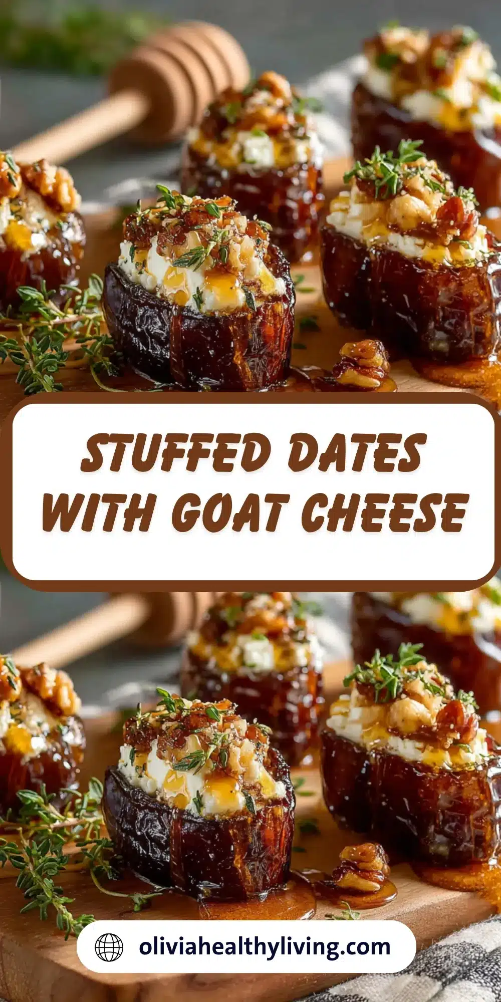 Elegant stuffed dates with goat cheese, crushed nuts and fresh thyme arranged on wooden board with honey dipper
