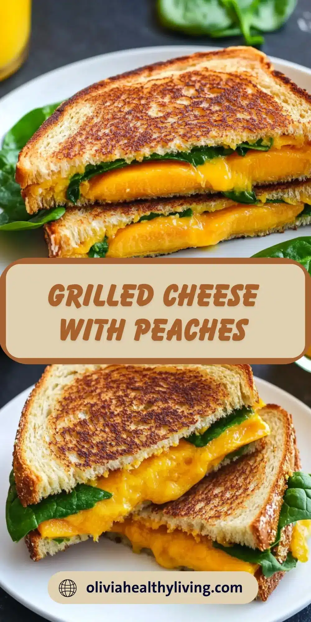 Stack of grilled cheese with peaches sandwiches showing melted cheese and spinach filling on a white plate