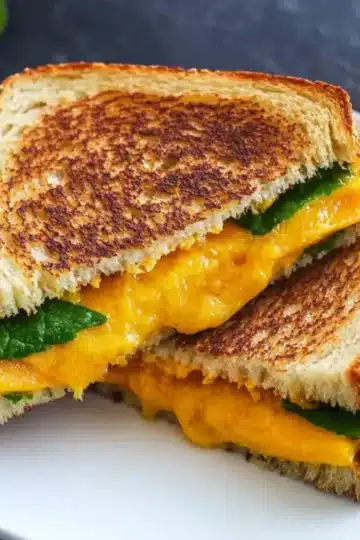 Grilled cheese with peaches sandwich on white plate with fresh spinach leaves and orange juice in background