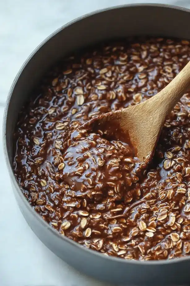 A hand holding a rich chocolate no bake cookie with visible oats and glossy texture.