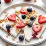 Triangular pieces of yogurt bark arranged on white plate with fresh strawberries and blueberries scattered around