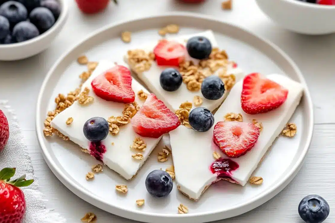 Triangular pieces of yogurt bark arranged on white plate with fresh strawberries and blueberries scattered around