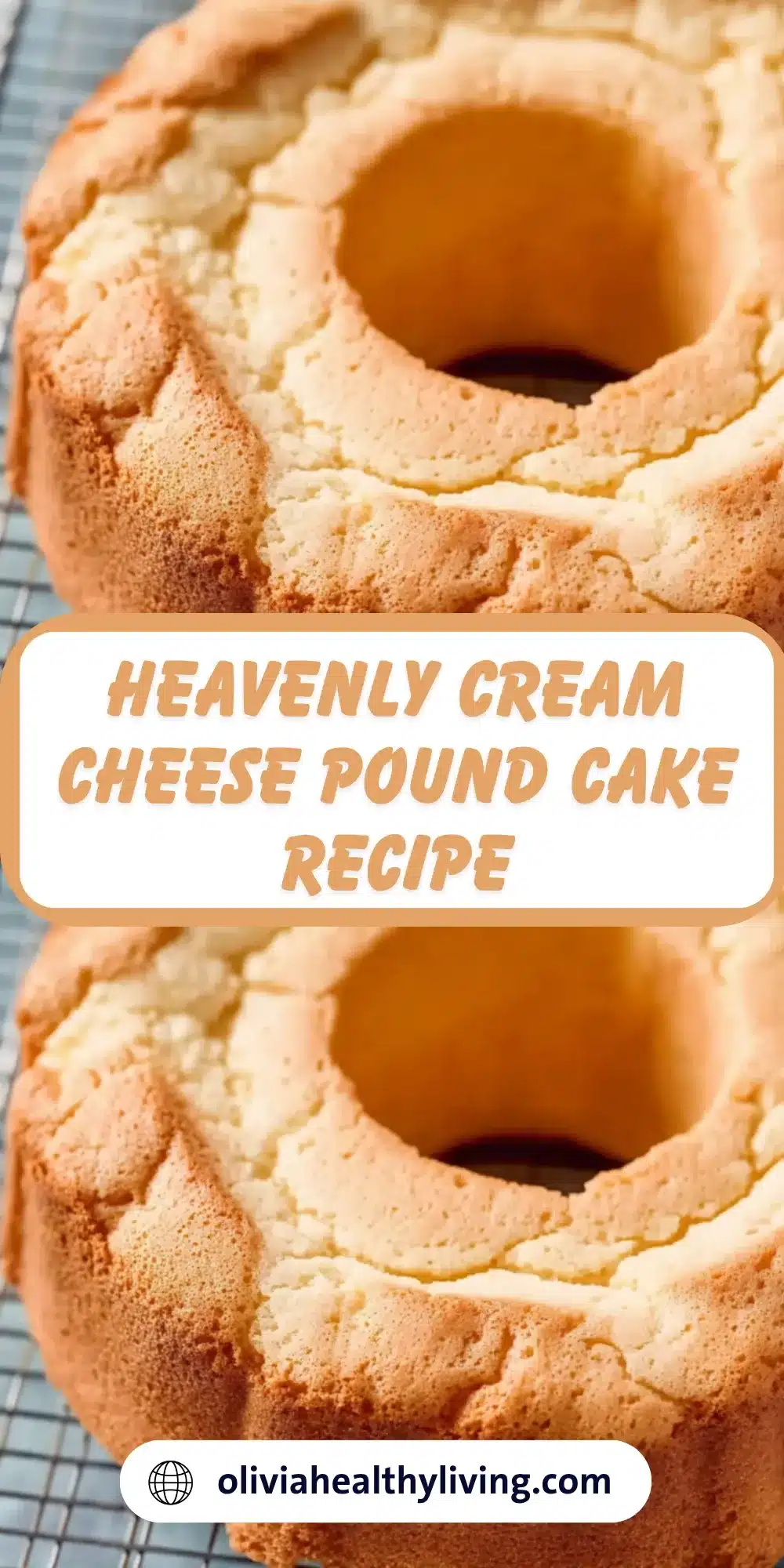 Close-up of cream cheese pound cake showing the beautiful golden exterior and fine, tender crumb texture on a cooling rack