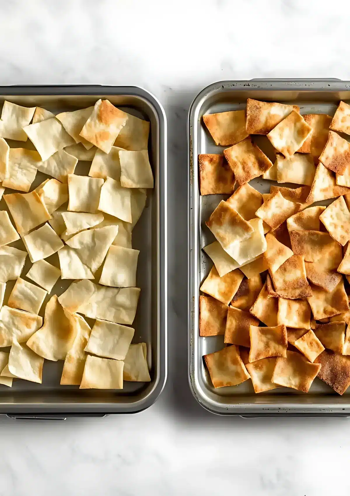 Side-by-side trays showing uncooked and golden-brown baked pita chips used in fattoush salad