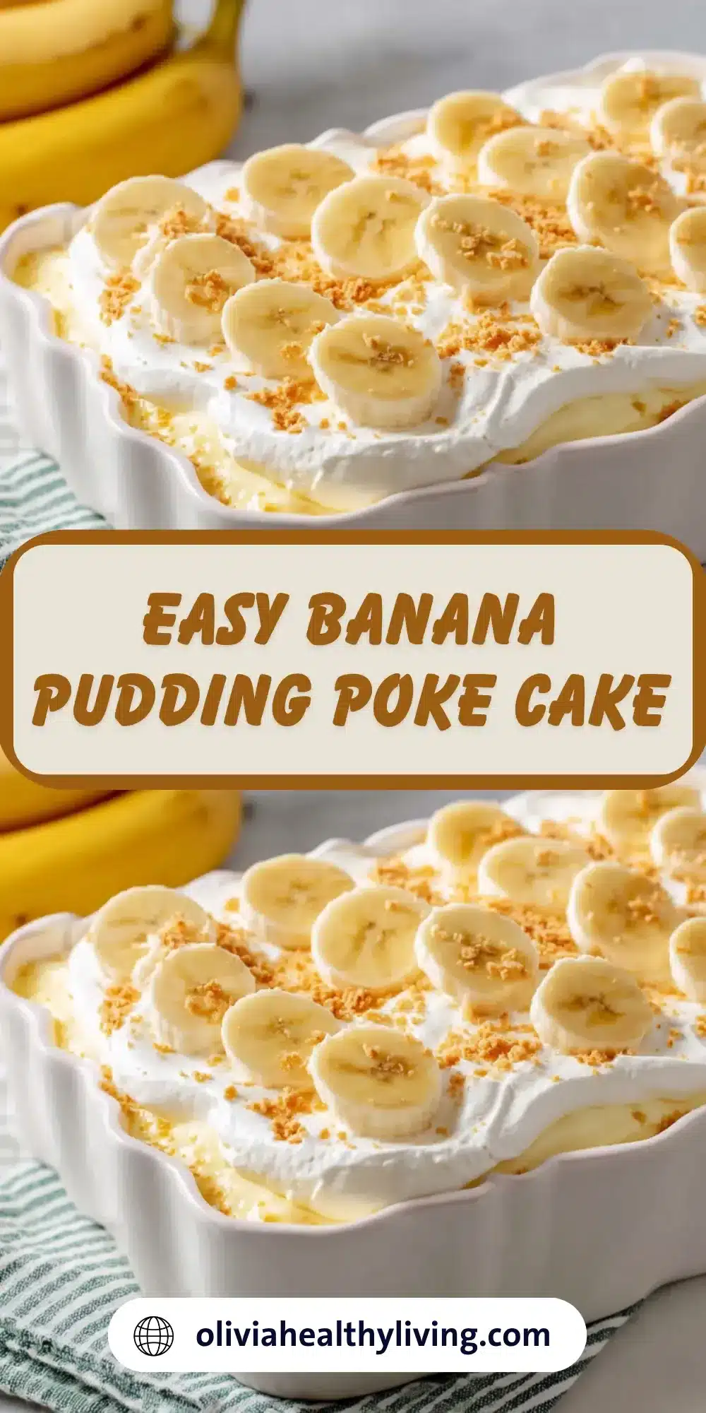 Overhead view of banana pudding poke cake with fresh banana slices and crushed vanilla wafers on whipped cream topping