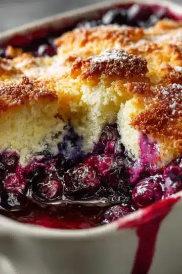 Blueberry dump cake in white baking dish showing the golden cake topping partially cut to reveal the purple blueberry layer beneath