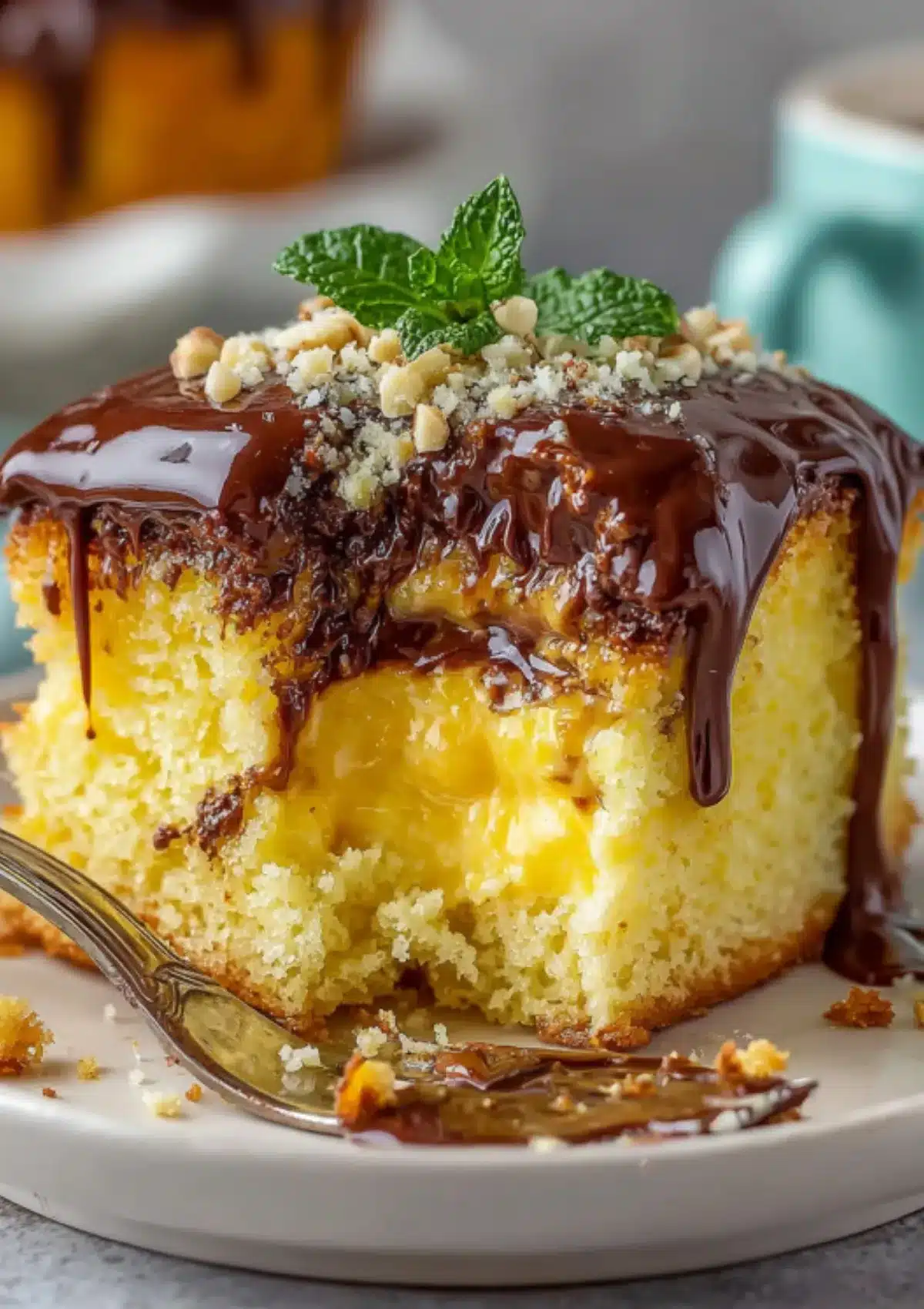 Close-up of Boston cream poke cake slice on white plate with chocolate ganache dripping, garnished with fresh mint and chopped nuts