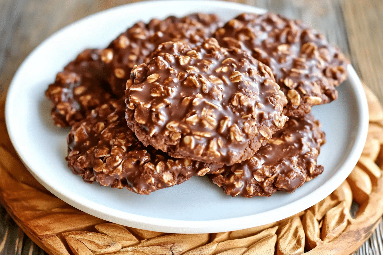 Plate of chocolate no bake cookies with oats and nuts on wooden cutting board, showing rustic kitchen setting