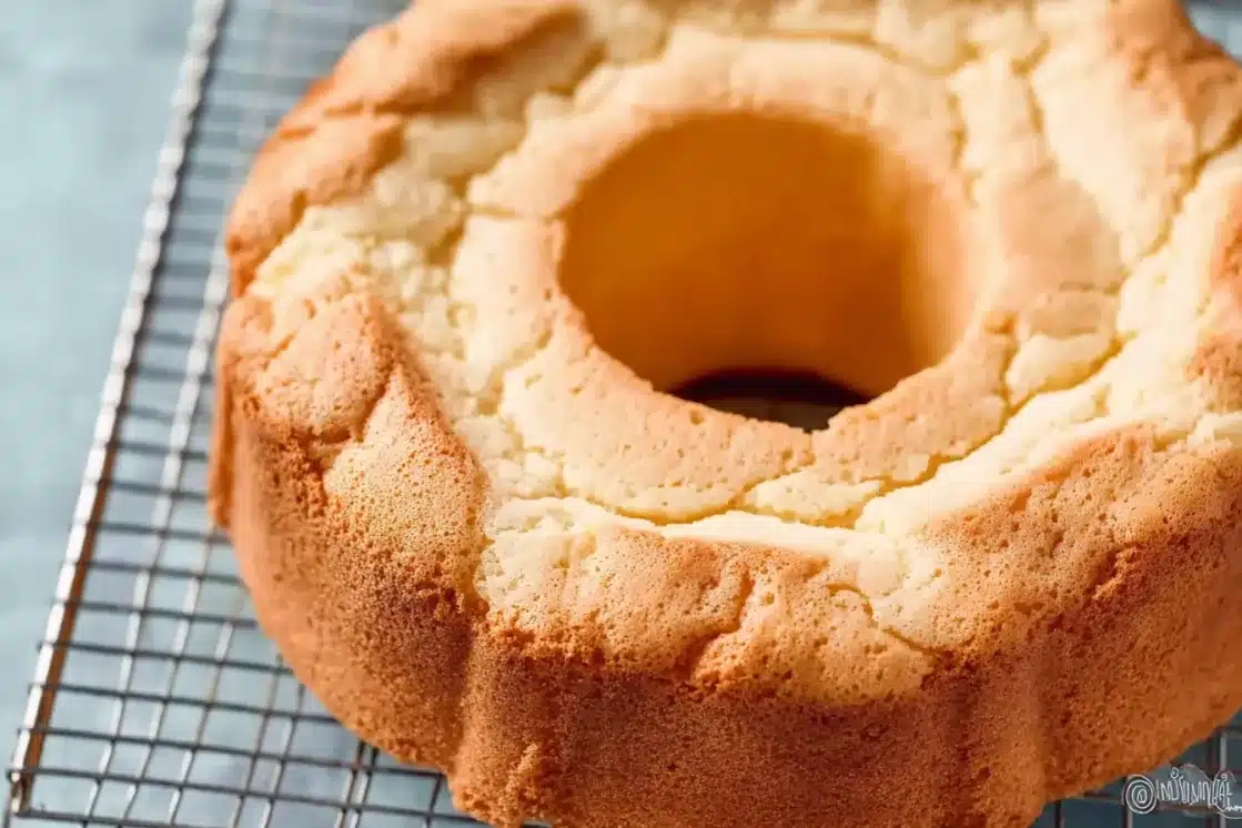Freshly baked cream cheese pound cake cooling on a wire rack showing the beautiful golden brown crust and classic bundt shape