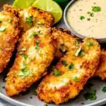 Plate of golden crispy chicken strips with panko coating, served with creamy herb dipping sauce and lime wedges