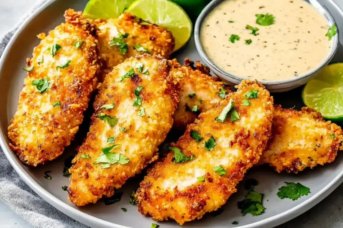 Plate of golden crispy chicken strips with panko coating, served with creamy herb dipping sauce and lime wedges