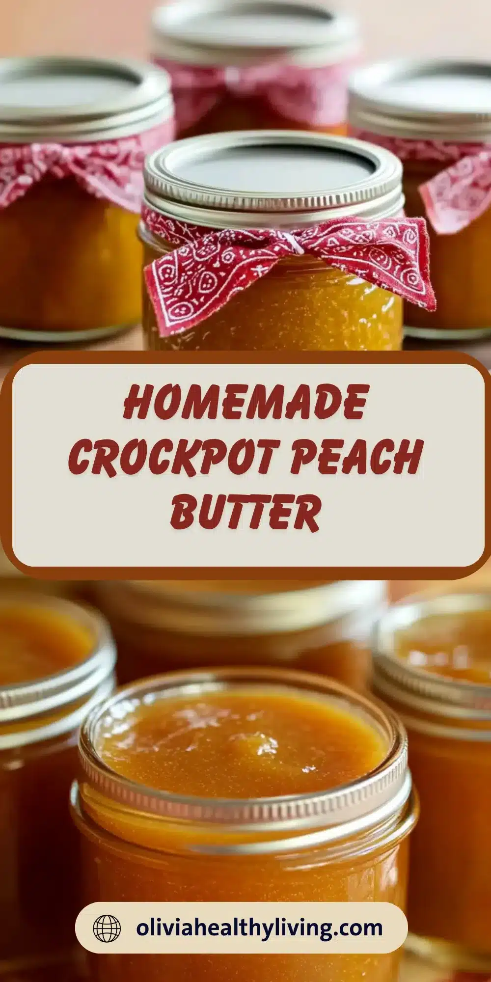 Multiple mason jars filled with golden peach butter, decorated with red bandana ribbons on wooden cutting board