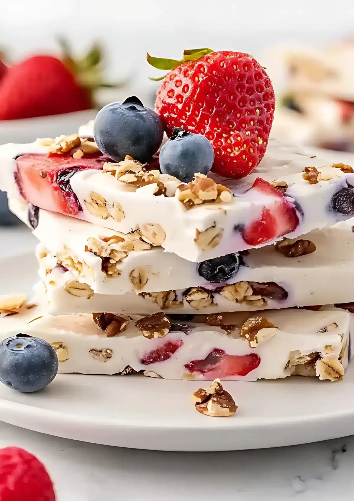 Close-up of frozen yogurt bark pieces showing strawberries, blueberries and nuts embedded in creamy yogurt