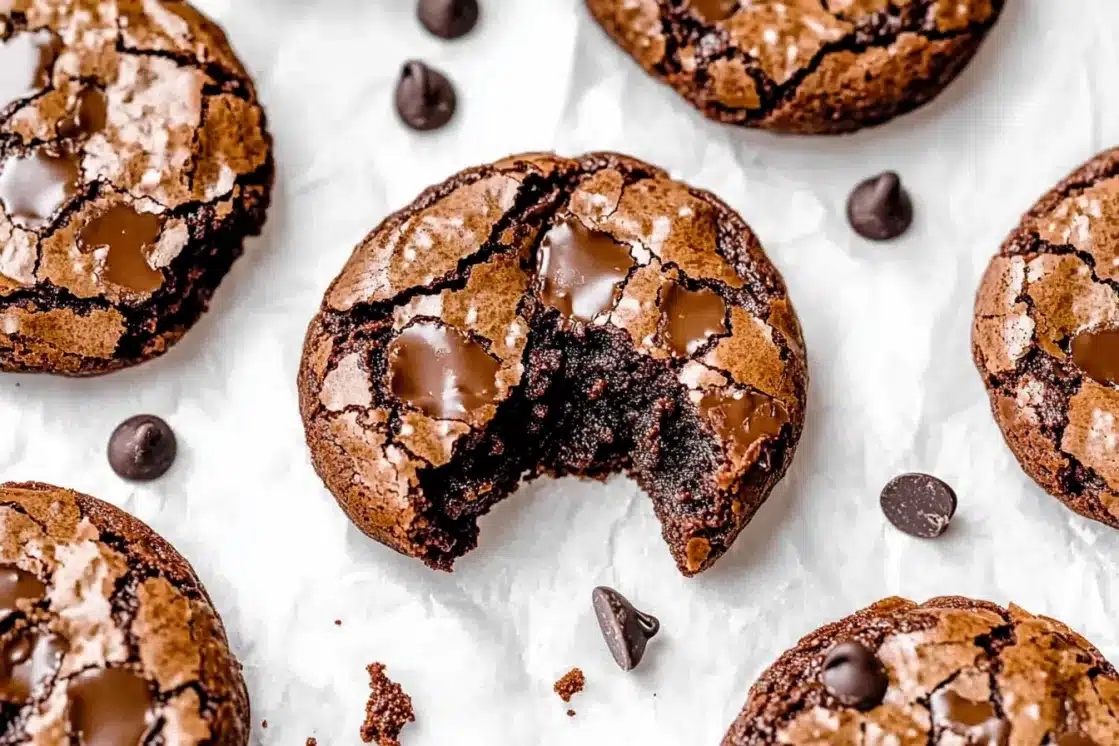 Multiple fudgy chewy brookies on parchment paper with one broken in half, showing crackled surfaces and chocolate chip details