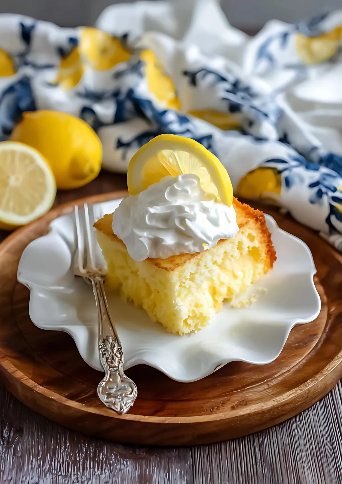 A perfect slice of lemon angel food cake with whipped cream and lemon slice garnish on an elegant white plate with vintage fork