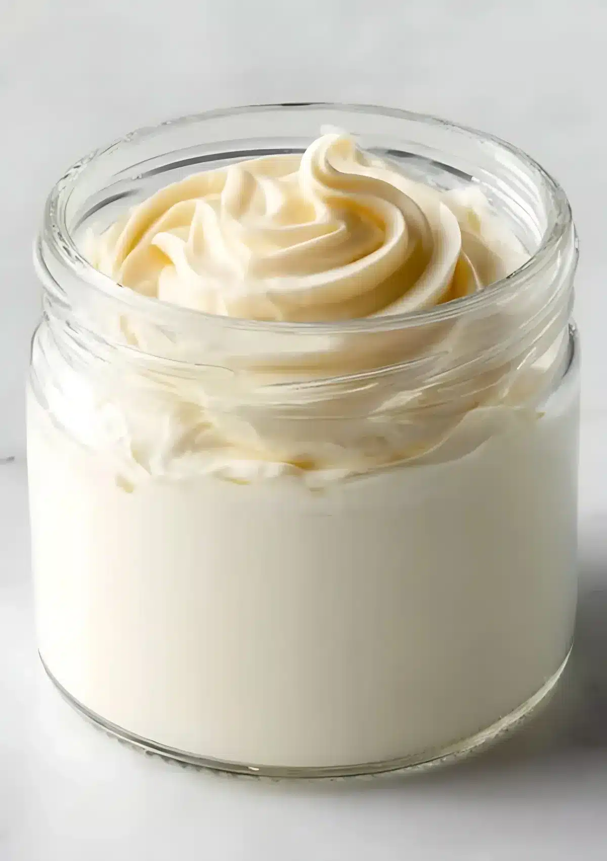 Thick and fluffy homemade mayonnaise with swirled peaks inside a glass jar on a marble countertop.

