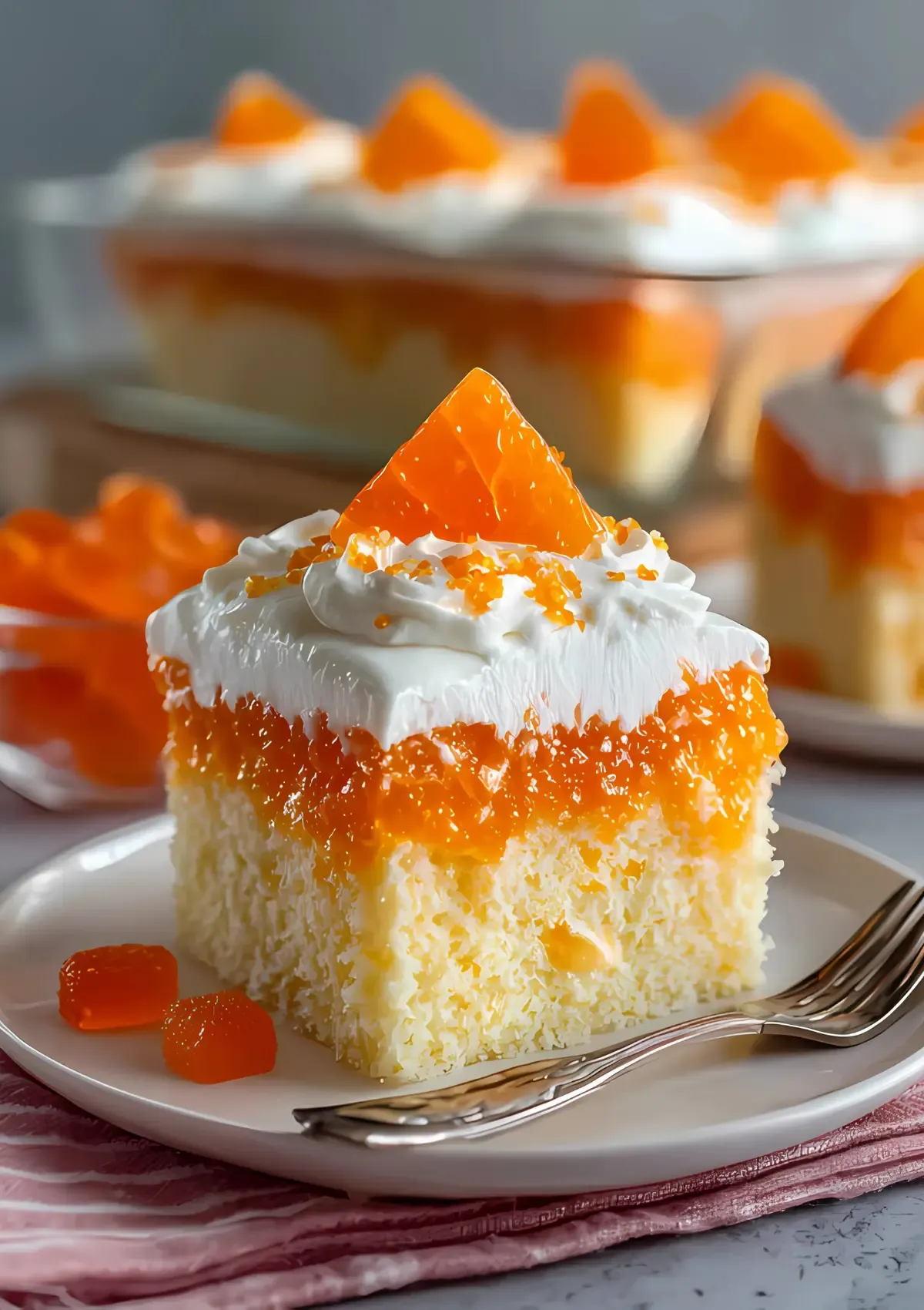 Perfect slice of orange creamsicle poke cake on plate with fork, showing distinct layers of vanilla cake, orange gelatin, and fluffy white topping