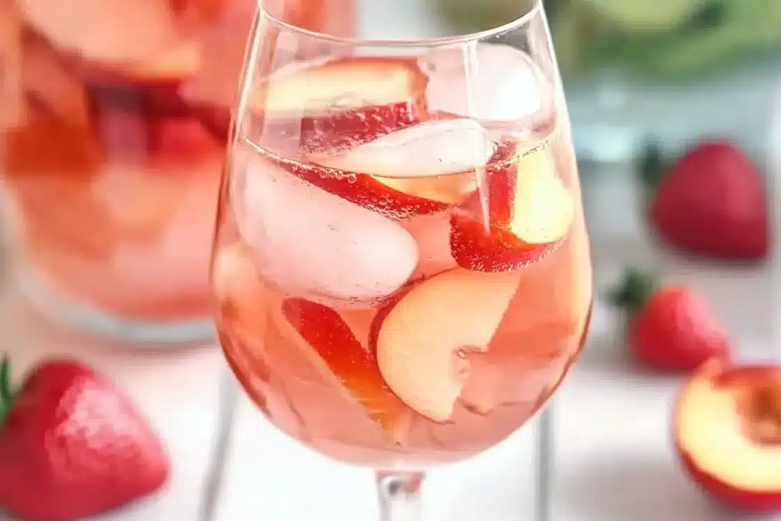Wine glass filled with pink peach sangria featuring fresh peach slices and ice, with fresh peaches nearby